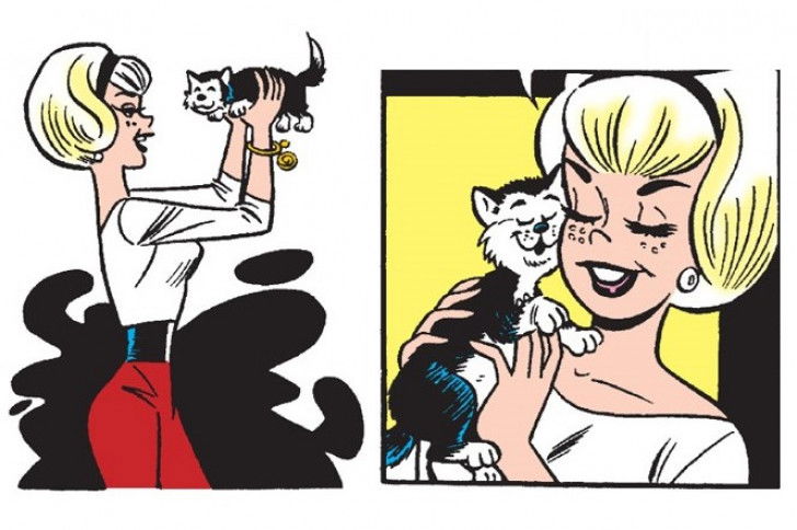 Deux images de la bande dessinée « Sabrina, l’apprentie sorcière » montrant Sabrina tenant son chat Salem dans ses bras