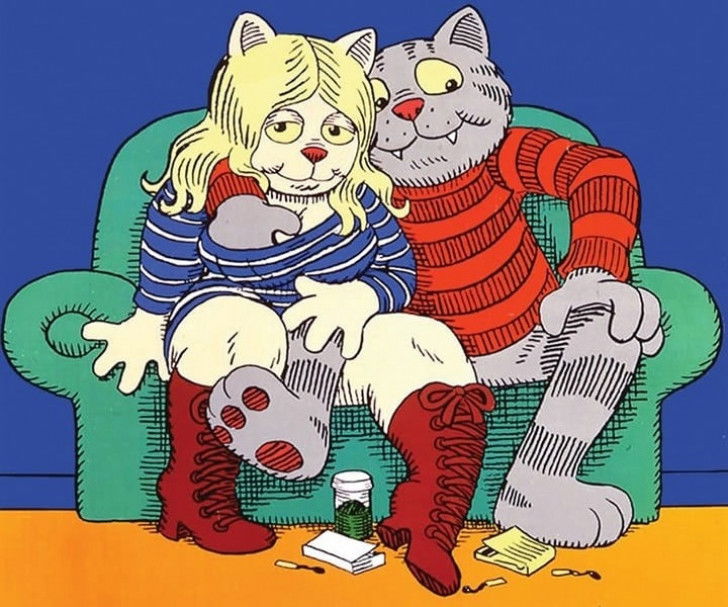 Une image de la bande dessinée « Fritz le chat » montrant Fritz et sa compagne assis sur un canapé