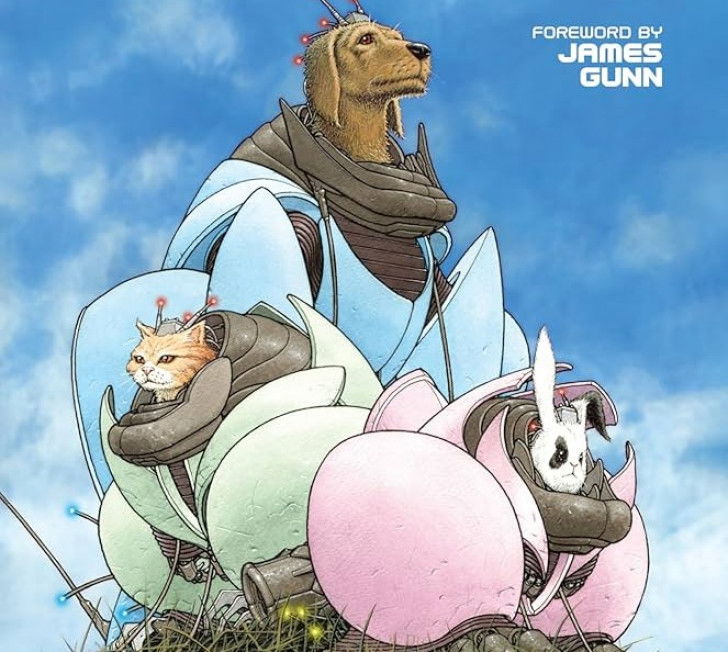 Une image de la bande dessinée « Nou3 » montrant le chat Tinker, un chien et un lapin, dans des combinaisons spatiales