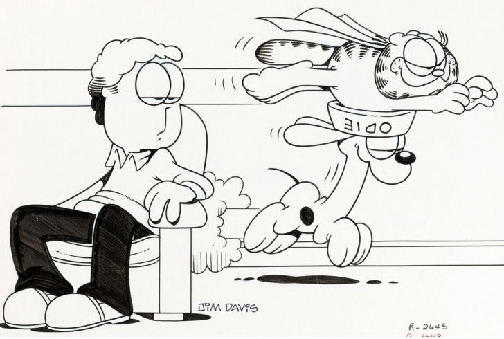 Un dessin de la bande dessin&eacute;e &laquo; Garfield &raquo; montrant Jon regardant Odie courir en portant Garfield sur sa t&ecirc;te