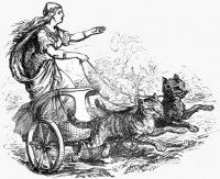 Illustration de la déesse Freyja sur son char tracté par ses deux chats