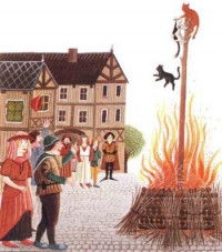 Illustration de chats brûlés vifs sur un bûcher au Moyen Âge