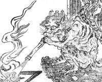 Illustration d'un Yokai ayant une apparence de chat et en train de souffler sur un feu