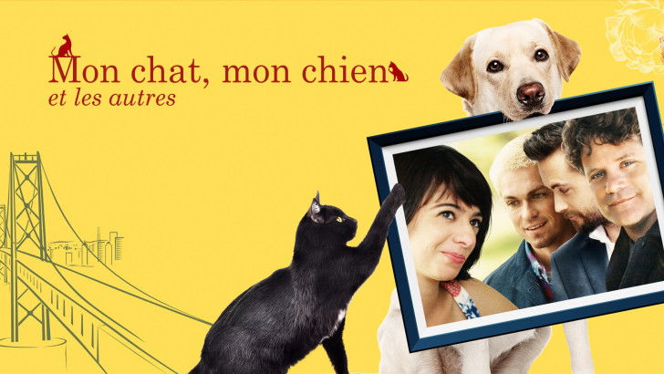 Affiche du film « Mon chat, mon chien… et les autres ? » montrant un chat et un chien tenant une photo des quatre personnages du film