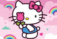 Illustration d'Hello Kitty tenant une rose dans la main au milieu des nuages