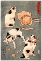Estampe intitulée « Quatre chats dans des positions différentes », de Utagawa Kuniyoshi (1861)