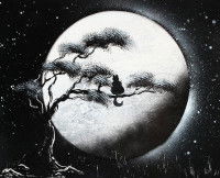 Une illustration d'un chat assis dans un arbre, avec la Lune en arrière-plan