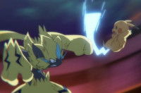 Une image du film « Pokémon, le film : Le pouvoir est en nous » montrant Pikachu se battant avec Zeraora