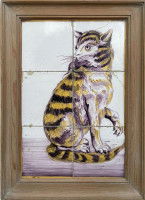 Une peinture sur faïence de Delft d'un chat et d'une souris