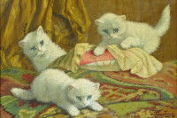 Peinture avec trois petits chatons blanc aux yeux bleus