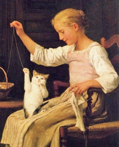 Le tableau « Jeune fille au tricot et au chat », de Albert Anker, qui représente une femme en train de tricoter avec son chat sur les genoux