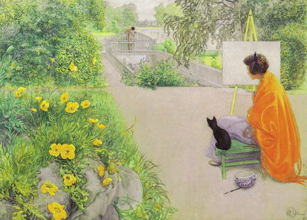 Le tableau « Le pont (The Bridge) », de Carl Larsson, qui représente une femme en train de peindre avec son chat à ses côtés