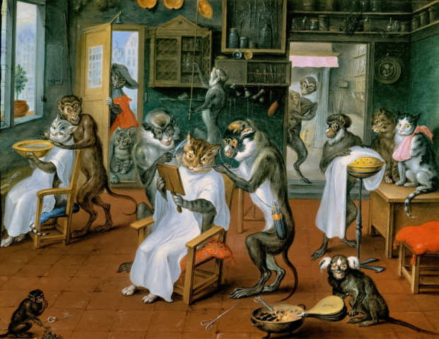 Le tableau « Salon de coiffure avec singes et chats », d'Abraham Teniers, qui représente des chats en train d'être coiffés par des singes
