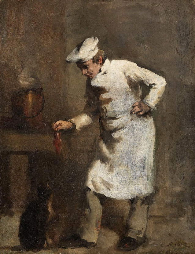 Le tableau « Le déjeuner du chat », de Théodule-Augustin Ribot, qui représente un cuisinier en train de nourrir un chat