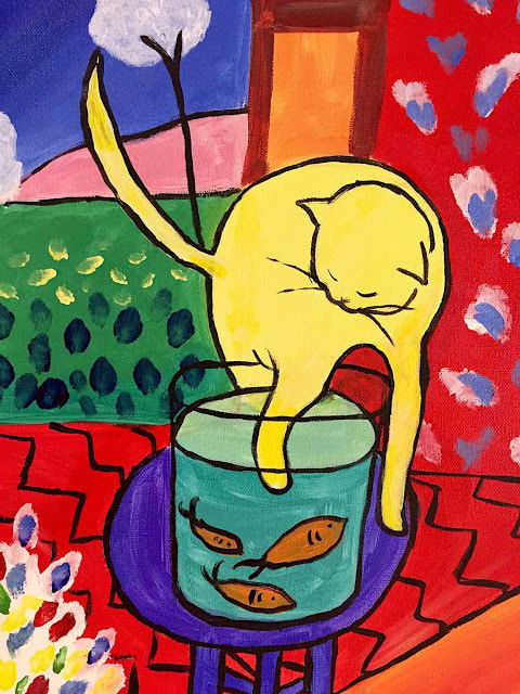 Le tableau « Le chat aux poissons rouges », de Henri Matisse, qui représente un chat jaune mettant une patte dans un bocal avec des poissons
