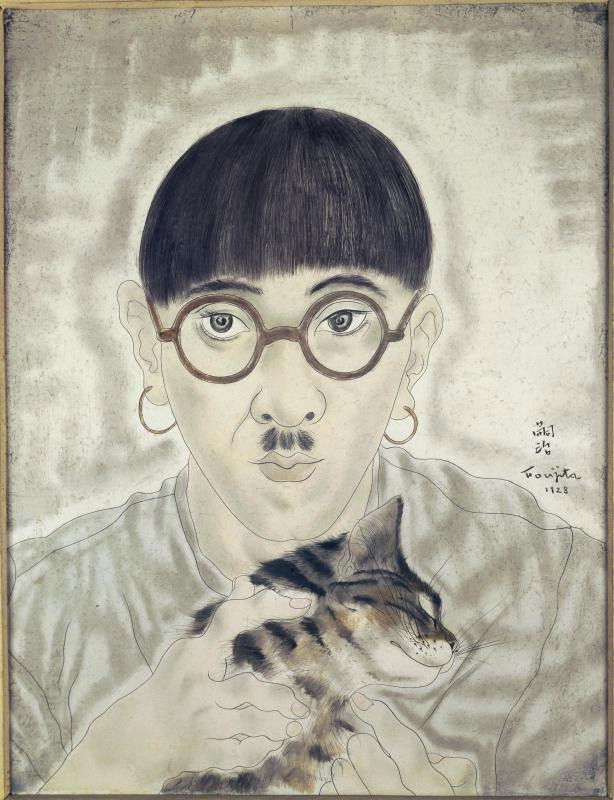 Le tableau « Autoportrait au chat », de Tsuguharu-Léonard Foujita, qui représente un homme portant un chat dans ses bras