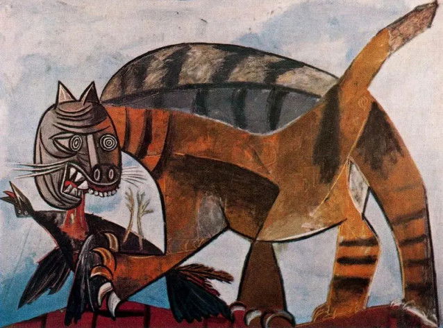 Le tableau « Chat dévorant un oiseau (Cat Devouring a Bird) », de Pablo Picasso, qui représente un chat en train de dévorer un oiseau