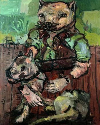 Le tableau « Tête de chat (Katzenkopf) », de Georg Baselitz, qui représente un homme à tête de chat tenant un chien dans ses mains