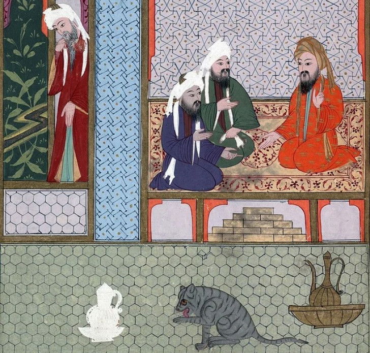 Une miniature islamique représentant Abu Hudhayfa ibn Utba et As'ad ibn Zuray' dans une maison avec un chat