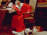 Une peinture du cardinal de Richelieu regardant ses chatons
