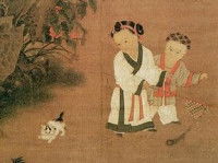 Une peinture représentant deux enfants et un chaton, réalisée par Su Hanchen entre 1130 et 1160 après J.-C