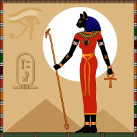 Illustration égyptienne d'une femme avec la tête d'un chat noir portant un vêtement orange. 