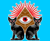 Une illustration comportant deux chats noirs aux yeux rouges assis en se tournant le dos, avec en arrière-plan un grand oeil rouge sur fond bleu.