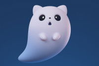 Figurine 3D d'un chat fantôme blanc ayant les oreilles pointues, la bouche ouverte et de grands yeux noirs.
