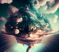 Illustration abstraite du visage d'un chat qui se confond dans le ciel.