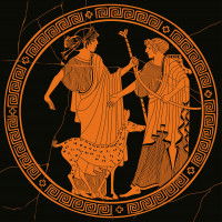 Illustration d'Apollon et Artémis portant des vêtements longs en toile et accompagnés d'un animal.