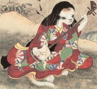 Une estampe japonaise représentant un Nekomata en train de jouer d'un instrument de musique.