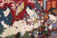 Une estampe japonaise avec un chat-vampire en train d'attaquer des humains.