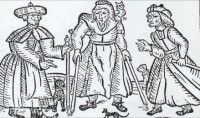 Une Gravure sur bois du 17ème siècle représentant trois sorcières et leurs animaux
