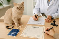 Un chat assis sur un bureau, à côté de deux hommes signant un dossier d'inscriptions et un document de pedigree