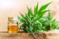 De l'huile de CBD et des feuilles de cannabis sur une table en bois