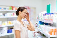 Une femme dans une pharmacie ne sait pas quel médicament choisir
