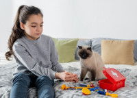 Une jeune fille sur un lit avec son chat et une trousse de secours