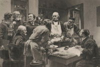 Claude Bernard à son bureau en train d'expliquer son travail à un groupe de personnes