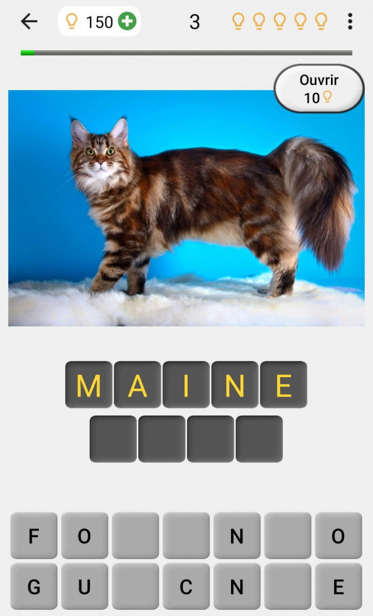 Une capture d'écran de l'application Chats – Quiz sur les races montrant un quiz où il faut reconnaître la race d'un chat