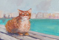 Une peinture de chat roux devant la mer