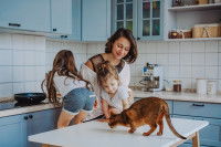 Une maitresse et ses deux enfants passant un bon moment avec leur chat