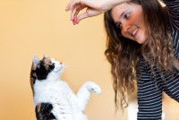 Une maitresse donne une récompense à son chat