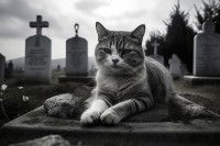 Photo en noir et blanc d'un chat sur une tombe dans un cimetière