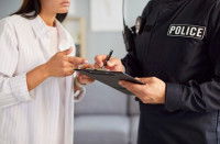 Un officier de police recueillant la déposition d'une femme