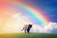 Un chat gris devant un arc-en-ciel, symbole de paradis
