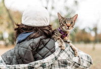 Un randonneur portant son chat sur l'épaule