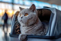 Un chat British Shorthair dans une cage de transport