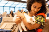 Une femme tenant un chat dans ses bras dans le hall d'embarquement d'un aéroport