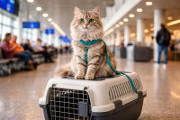 Un chat assis sur une caisse de transport dans un hall d'aéroport