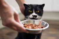 Une personne donnant une gamelle de nourriture à un chat.